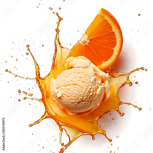 Isolated on a white background are an orange piece and an ice cream scoop or balls with a splash.