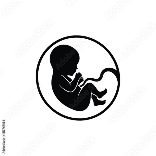 A simple black silhouette of a fetus within a circular shape