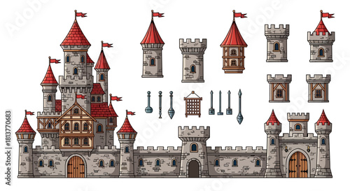 Fantasy Medieval Castle Architecture Elements Collection Digital Art