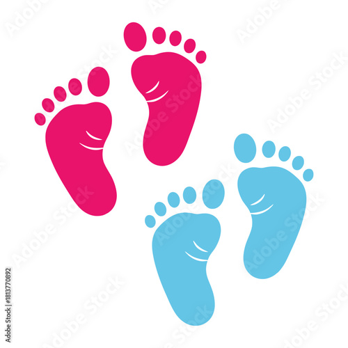 Colorful footprints of a baby boy and a baby girl on white background