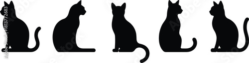 Five black cat silhouettes sitting in different poses, vector illustration set, isolated animal shapes collection, feline pets art, halloween design element, domestic kitten icons