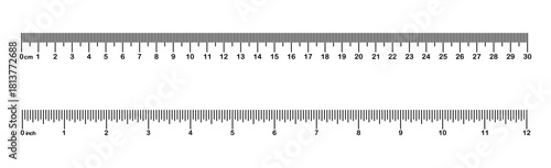 Vector illustration of Inch, metric rulers. Measuring tool. Ruler 30 cm, 12 inch. Grid cm, inch. Metric Centimeter, inch size indicators. Ruler scale on white background.