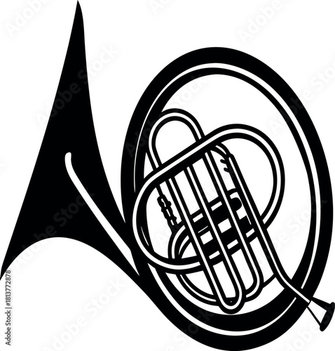 Black vector silhouette of a classic french horn musical instrument silhouette