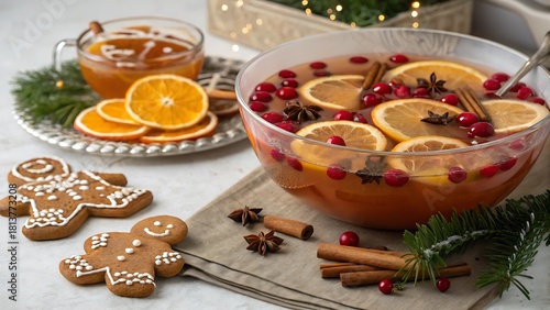 Festive holiday punch with oranges cranberries and gingerbread cookies
