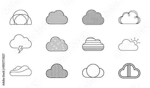 Collection of cloud line icons featuring abstract geometric patterns and textures for weather forecasting and meteorology.