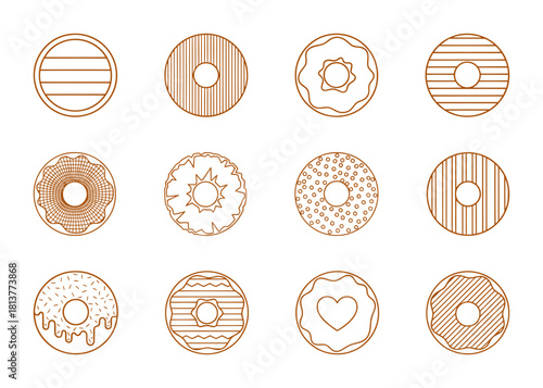 Set of delicious donut line icons featuring various glazes and toppings with geometric patterns for bakery and dessert menus.