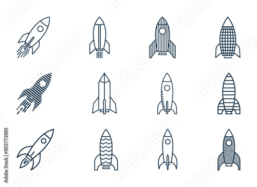 Collection of futuristic rocket and spaceship line icons featuring dynamic striped patterns for technology and space travel concepts.