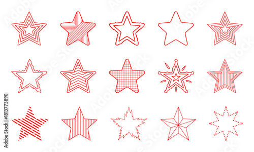 Assortment of decorative star line icons with distinct geometric fill patterns and outlines for ranking and celebration designs.