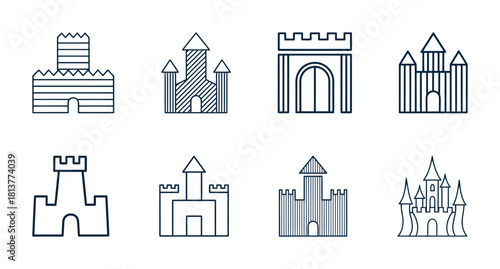 Set of linear castle icons, different types of medieval fortresses and sandcastles, historical architecture line art collection.