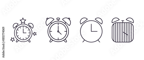 Set of alarm clock icons in thin line style, classic bell and square timepieces with hands, reminder and deadline concept illustration.