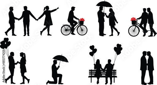 Romantic couple silhouette vector set illustration of people in love, holding hands, riding bicycle, proposal with ring, sitting on bench, holding heart balloons, dating.