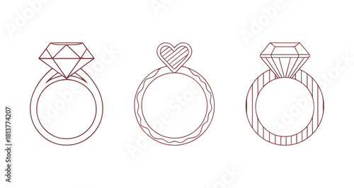 Set of linear engagement and wedding ring icons, various diamond and heart-shaped jewelry symbols, marriage, love, and proposal concept.