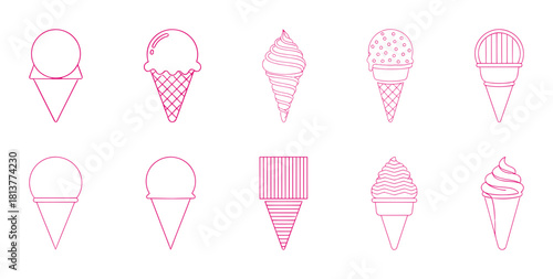 Set of linear ice cream icons, various scoops and soft serve cones with toppings, summer dessert, food, and refreshment concept.