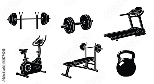 Fitness equipment outline dumbbells treadmill exercise bike and weight bench
