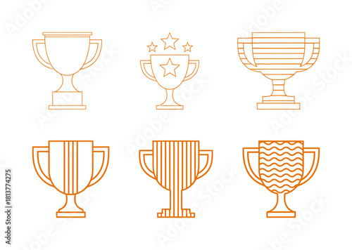 Set of linear winner trophy cup icons, various award symbols with stars and patterns, achievement, victory, success, and competition concept.