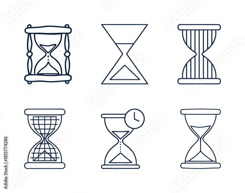 Set of linear hourglass icons, various sand timer symbols with different styles and patterns, time management, measurement, and deadline concept.