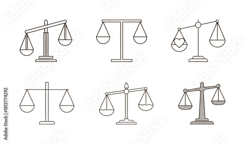 Set of linear balance scale icons, various justice and measurement symbols with different weights, law, equality, and finance concept.