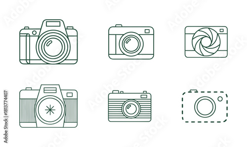 Set of linear camera icons, various digital and retro photographic equipment symbols with lens and shutter detail, photography and media concept.