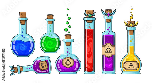 Fantasy game icons set with magical potion bottles and elixirs for a role-playing adventure