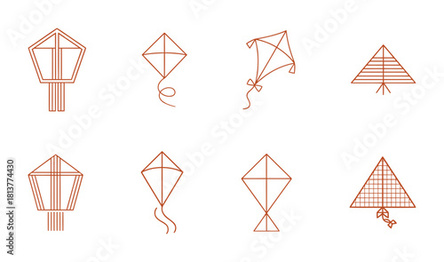 Collection of linear kite icons, various flying objects with different shapes and patterns, outdoor recreation, hobby, and leisure concept.