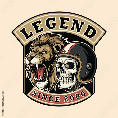 Vintage styled emblem with roaring lion and skull in helmet proclaims legend since 2000, perfect for edgy designs and retro inspired projects