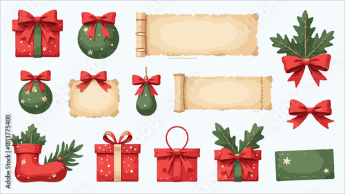 Collection of christmas decorations including gifts ornaments scrolls and holly isolated on white background