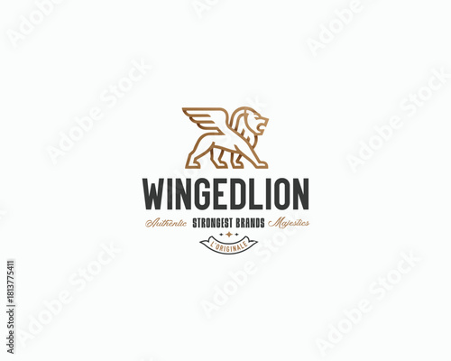 Winged lion modern logo. King heraldic emblem Vector illustration.