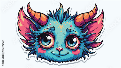 Cute cartoon blue monster with horns and big eyes isolated on white background