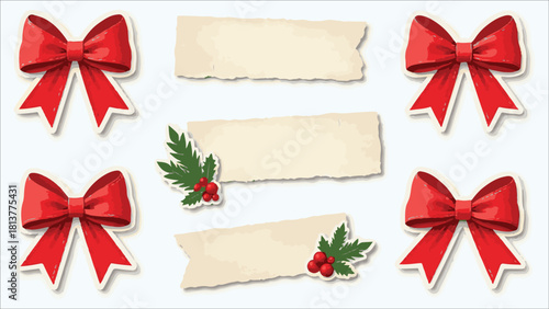 Festive red bows and torn paper tags with holly berries isolated on white background