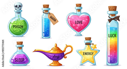 A whimsical collection of cartoon magic potion bottles and a lamp. Fantasy elixir icons for luck, sleep, love, poison, and mana