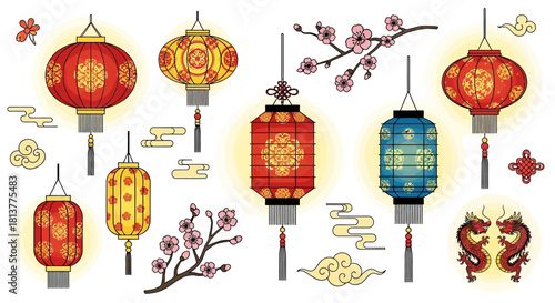 Vibrant Vector Set of Chinese Cultural Icons with Lanterns, Dragons, and Blossoms for Lunar New Year Celebrations