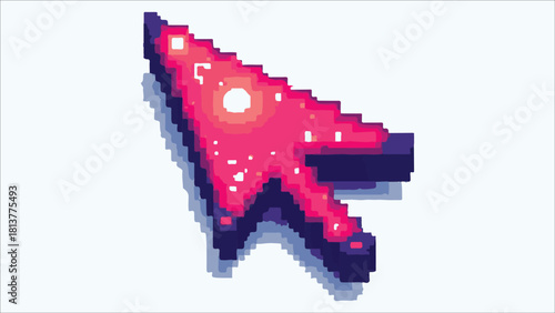 A bright red pixelated computer mouse cursor arrow pointing diagonally isolated on white background