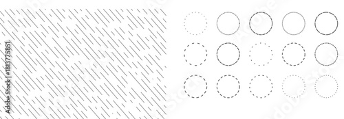 Circles with dashed line, Set Dashed and dotted circle frames or icons. Dotted round lines, Cut here pictograms for coupons or tags. Vector outline.