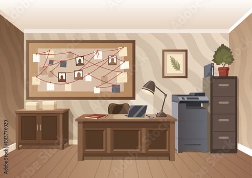 Detective office interior. Crime and criminal evidence. Wall board, wits and deduction system. Vector flat style cartoon illustration isolated on white background