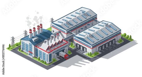 Modern industrial complex with factory buildings, warehouses, and logistics operations in an isometric vector illustration style