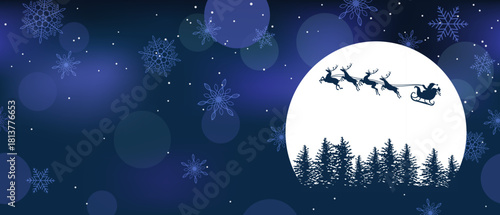 Santa Claus And Reindeers Flying Across The Full Moon. Christmas Vector Background Illustration. Horizontally Repeatable. 