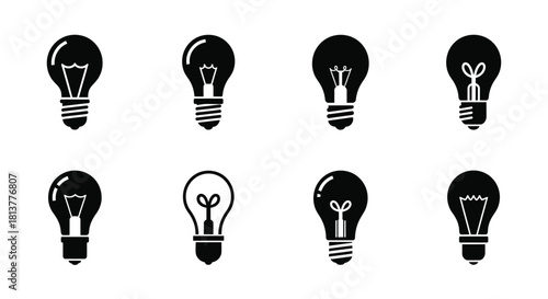 A collection of different black silhouette light bulb icons displayed on a white background