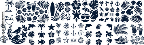 Monochrome tropical silhouette icon set with coastal shapes palm fronds shells and sea life in clean layout