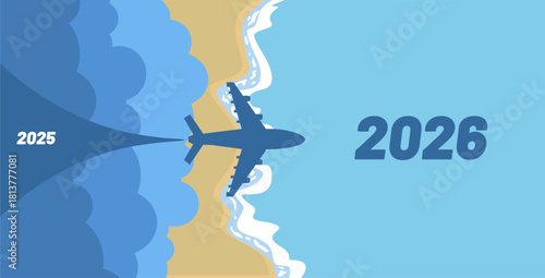 New Year Transition from 2025 to 2026 with Airplane Journey on the Beach. Happy New Year Achievement Concept. Vector Illustration