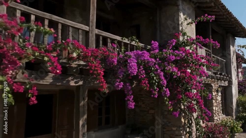 Charming rustic building adorned with vibrant blooming bougainvillea flowers on a sunny day.