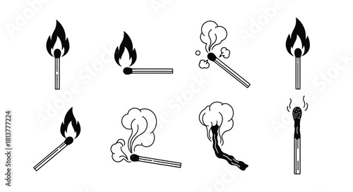 A collection of black and white illustrations depicting matches in various states