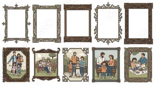 Collection of ornate vintage picture frames with illustrations of families enjoying leisure time