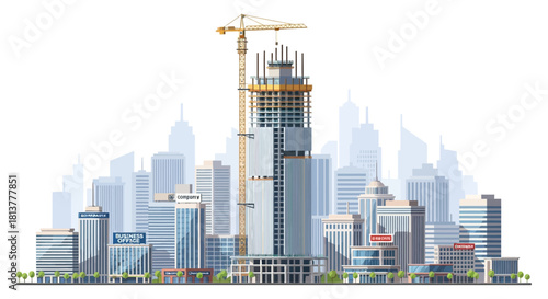 Dynamic Urban Landscape Under Development Modern Cityscape Featuring Skyscraper Construction with Tower Crane, Illustrating Architectural Progress