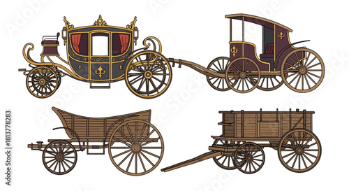 Set of vintage horse-drawn carriages and wagons. Vector illustration of historical transportation including royal coach and wooden carts