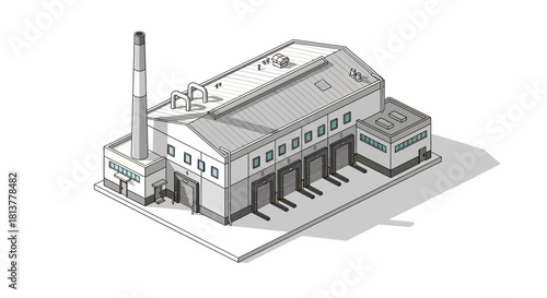 Industrial building with loading bays and a tall chimney on a white background - an isometric view