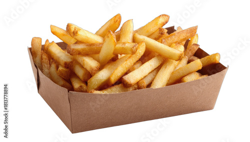 Close-up of golden-brown crispy french fries in a brown paper serving container