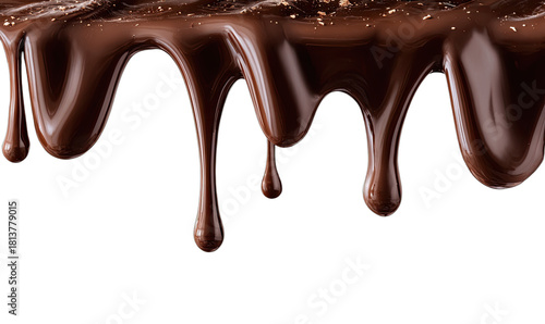 Dark chocolate melting down, showcasing glossy texture against a black backdrop