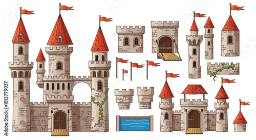 Medieval Castle Components Collection Illustration Vector Elements