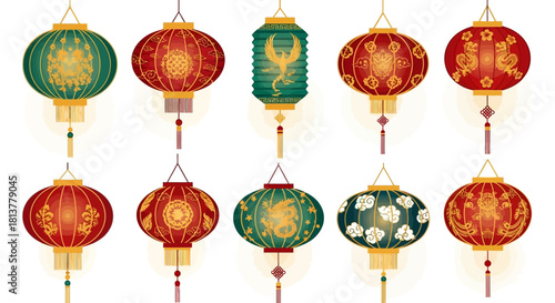 Vibrant collection of traditional Asian decorative lanterns, showcasing intricate patterns, cultural symbolism, and festive illumination for celebration and design aesthetics