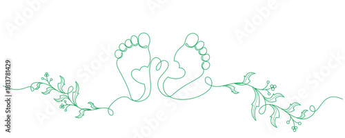 Line art style vector illustration of baby footprints with green leaf twig variations